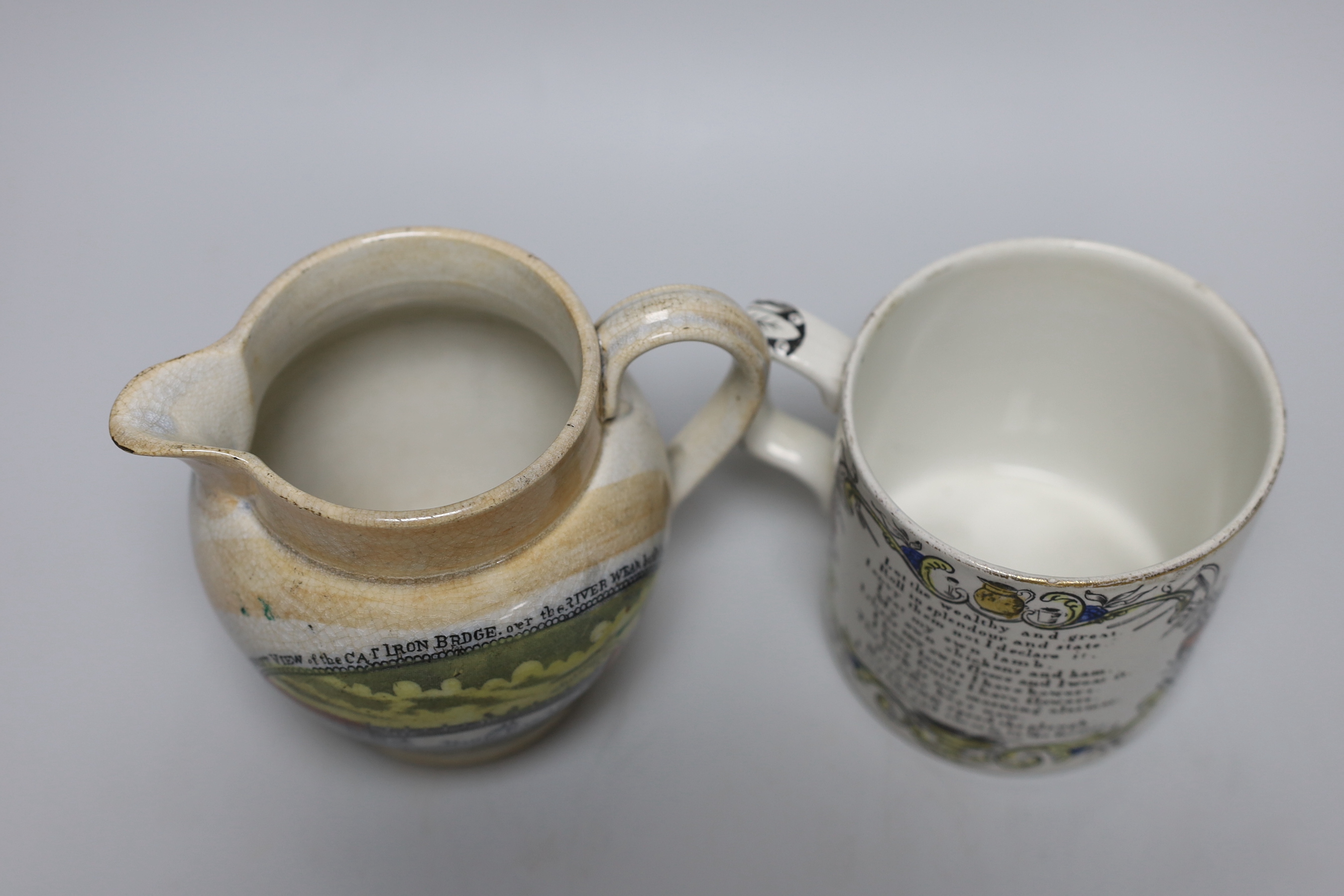 An early 19th century Sunderland jug and a Staffordshire mug, tallest 12cm